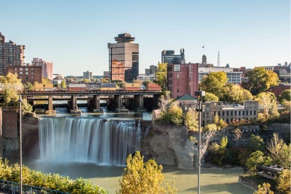 High Falls and downtown Rochester as seen from the rooftop deck at the Genesee Brew House in Rochester, NY