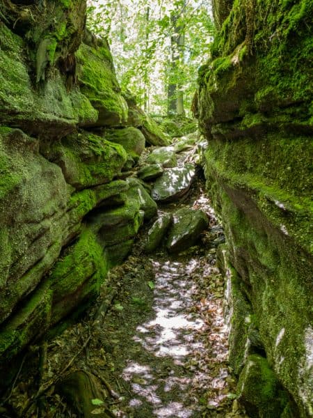 Hiking between boulders at Panama Rocks near Jamestown, New York