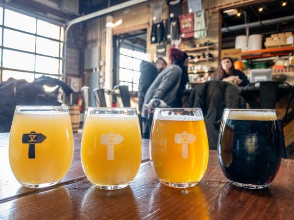 Flight of beers at Fifth Hammer Brewing Company in Queens, New York