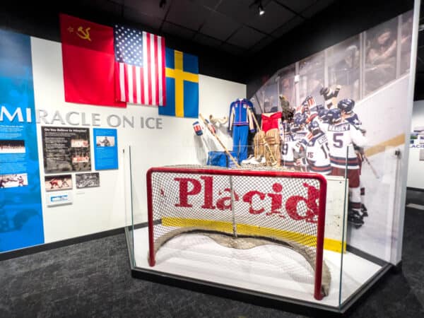 Display of items related to the 1980 Men's Ice Hockey Team at the Lake Placid Olympic Museum in New York