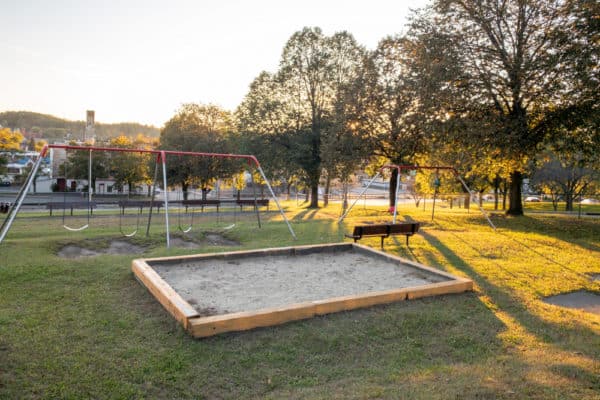 Swing set in Kirk Douglas Park in Amsterdam, New York