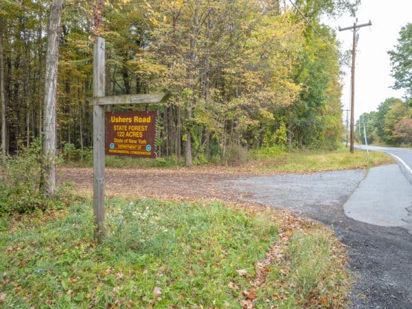 Sign for Ushers Road State Forest's parking area