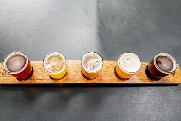 Flight of beers at Big Slide Brewery in Lake Placid NY