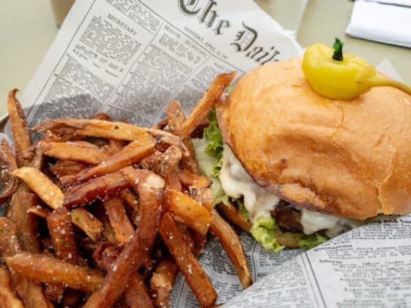 Hamburger at Clemson Bros. Brewery at the Gilded Otter in Ulster County NY