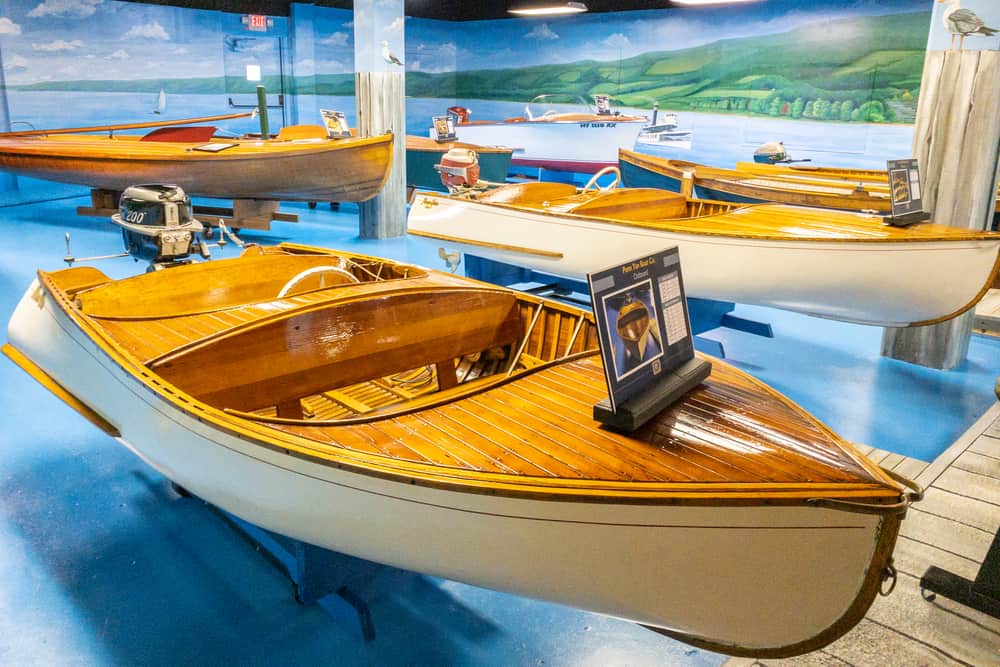 Boats on display at the Finger Lakes Boating Museum in Hammondsport, NY