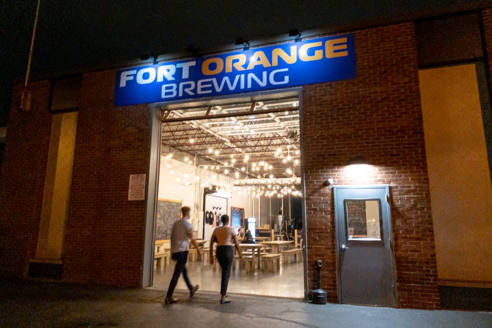 People entering Fort Orange Brewing in Albany New York