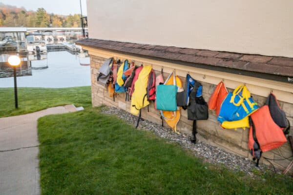 Lifejackets on the wall at Gauthiers Saranac Lake Inn