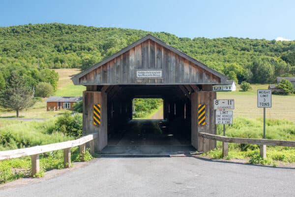 The entrance to Fitches Covered Bridge in Delaware County, New York