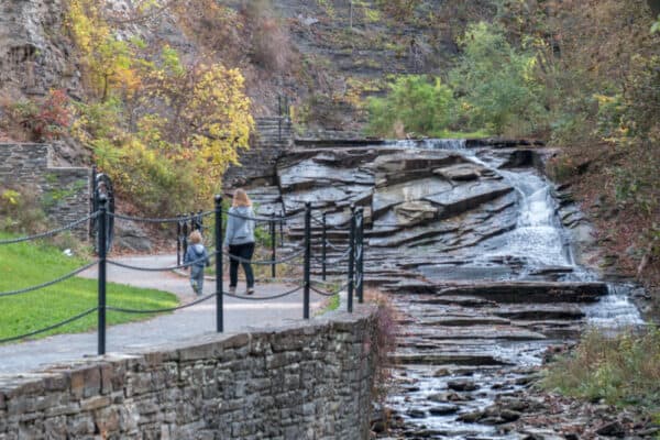 People walking on the trail at Cascadilla Gorge in Ithaca NY