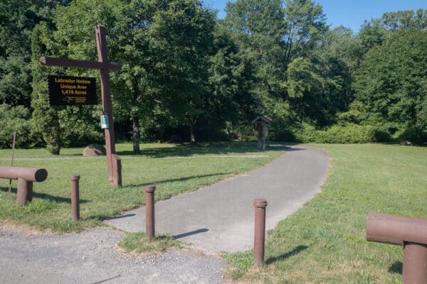 The trailhead for the Labrador Hollow Boardwalk in Onondaga County New York