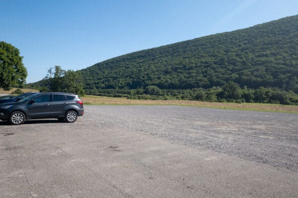 Parking area for the boardwalk at the Labrador Hollow Unique Area in NY