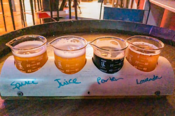 Flight of beers at Lake Drum Brewery in the Finger Lakes