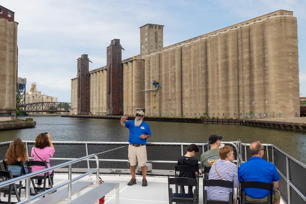 Guide talking during a Buffalo River History Tour in Buffalo New York
