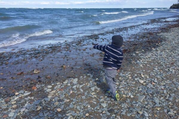 Child throwing a rock into the water at Evangola State Park near Buffalo NY