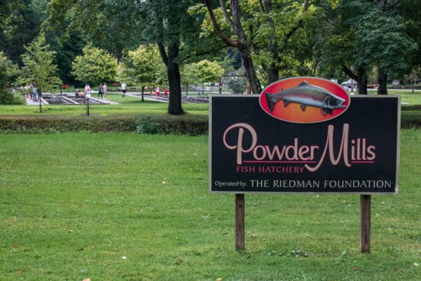 Sign at the entrance to Powder Mills Fish Hatchery in Rochester NY