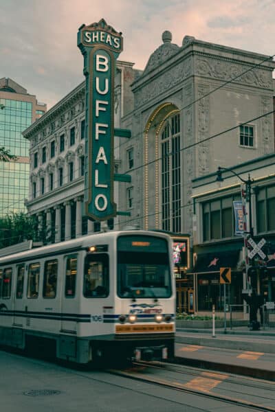 A Metro Rail Train passing through the Theatre District in Buffalo NY