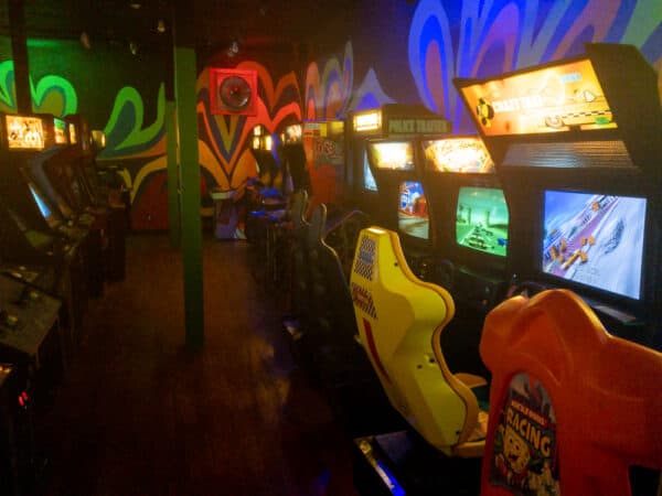 Driving arcade games at Robot City Arcade in Binghamton New York