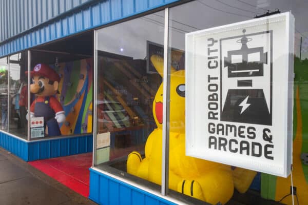 The entrance to Robot City Games and Arcade in Binghamton NY