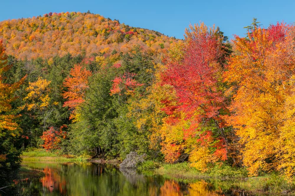 Colorful trees and mountains on Indian Lake in the Adirondack Park