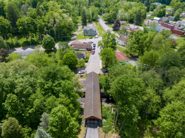 Drone photo of Newfield Covered Bridge in the Finger Lakes.
