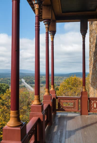 The porch of Olana in front of the view of the Hudson River.