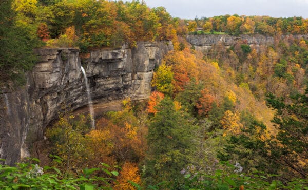 Looking out over Minelot Falls and the Helderberg Escarpment in Thacher State Park in Albany NY