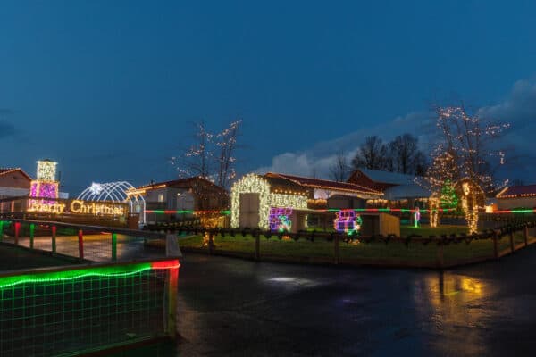 Overview of several buildings and Christmas light displays at Jungle Bells at Animal Adventure Park in New York