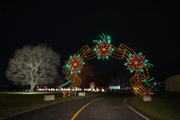 Festive light over the road at Christas Lights on the Lake in Syracuse, NY