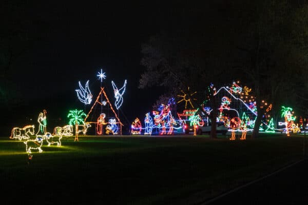 Christmas lights in the distance at Lights on the Lake In Syracuse NY