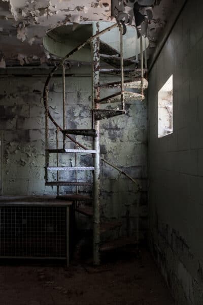 A spiral staircase in the basement of the Rhino House at the Catskill Game Farm in Catskill NY