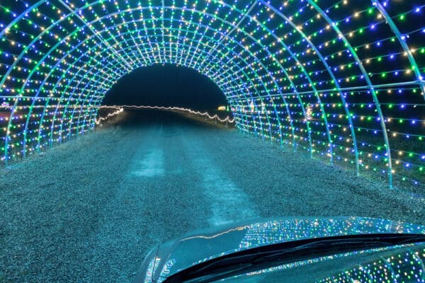 Car driving through a light town at Twinkle Town in Elmira New York
