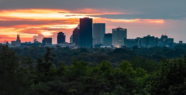 Sunset over the Rochester skyline from Cobb's Hill Park