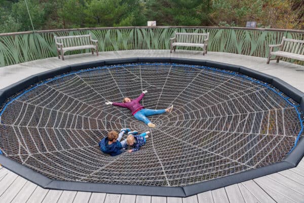 People laying in the giant spiders web at the Wild Center in the Adirondack Park