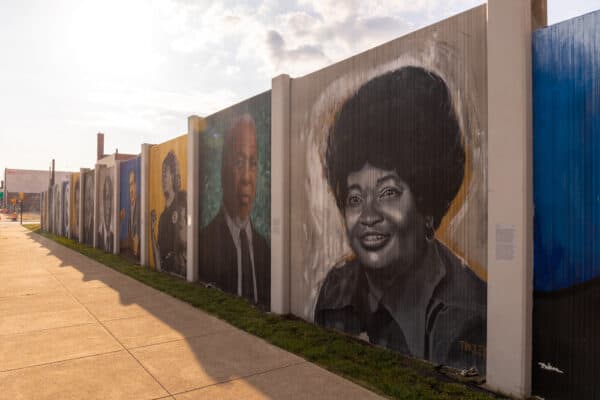 Portraits on the Freedom Wall in Buffalo at sunset