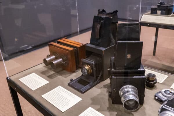Antique cameras on display at the George Eastman Museum in Rochester NY