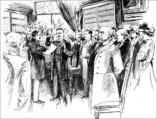 A sketch showcasing the inauguration of Theodore Roosevelt in Buffalo NY