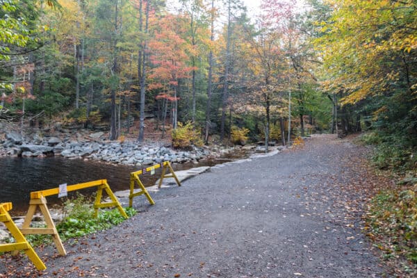 Area for visitors at the base of Awosting Falls in Minnewaska State Park in New York
