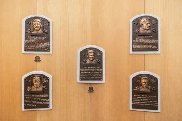 The plaques of the first five inductees into the National Baseball Hall of Fame in Upstate New York