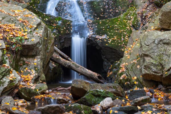 Water cascading over Horseshoe Mine in Shawangunk Ridge State Forest in Ulster County NY