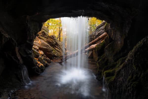 View of waterfall from inside Horseshoe Mine in the Catskills of New York