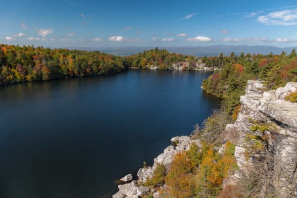 View of Lake Minnewaska from the cliffs in Minnewaska State Park Preserve in New York's Catskill Mountains