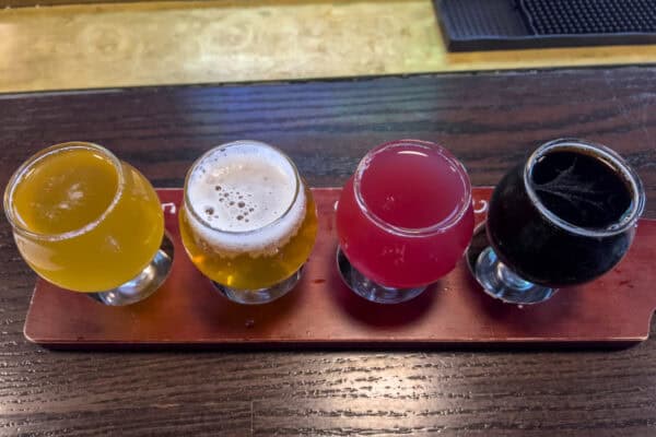 Looking down on a flight of four beers at Pressure Drop Brewing in Buffalo New York