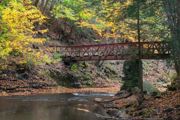 The bridge over Ten Mile Creek at the base of Rensselaerville Falls in Rensselaerville, New York