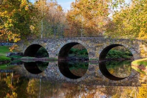 Autumn at the Stone Arch Bridge Historical Park in the Catskills of New York