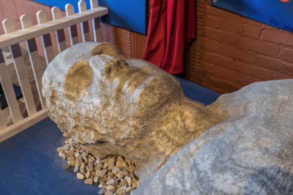 A close up of the Cardiff Giant's head at the Farmers' Museum in Otsego County NY