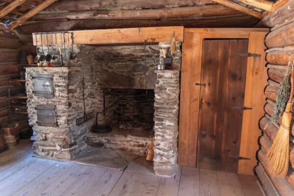 Fireplace in the interior of a cabin at the Fort Delaware Museum in Narrowsburg New York