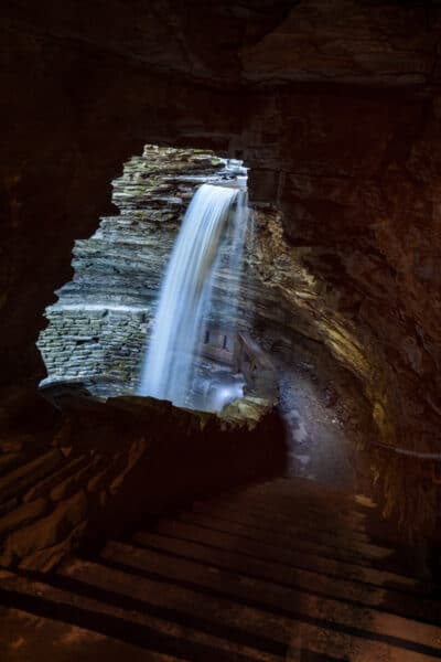 Looking through the cave towards Cavern Cascade in Watkins Glen State Park in New York