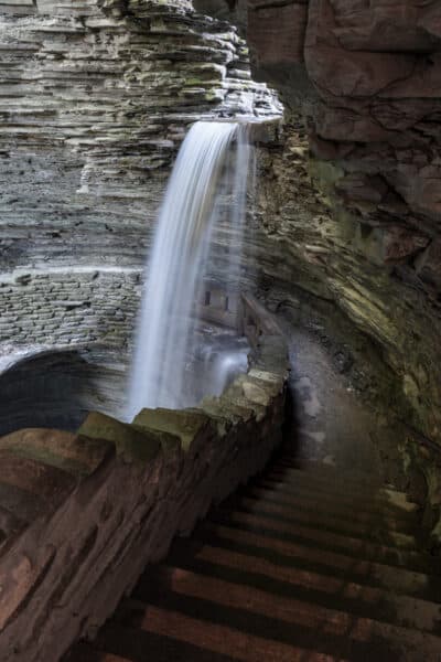 The Gorge Trail running behind Cavern Cascade in Watkins Glen State Park in NY