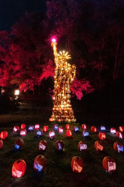 Statue of Liberty made out of pumpkins at the Great Jack O'Lantern Blaze in the Hudson Valley of NY