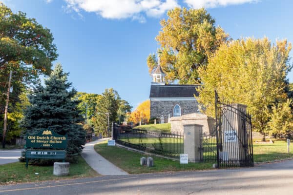 Entrance to Sleepy Hollow Cemetery next to the Old Dutch Church in Westchester County New York